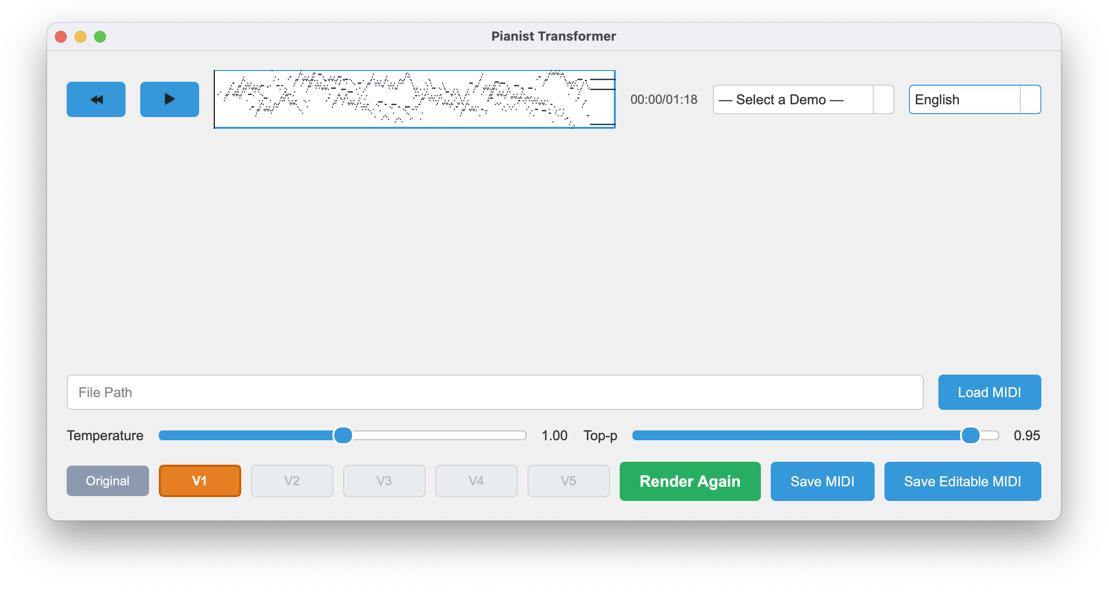 Screenshot of the Pianist Transformer GUI application.